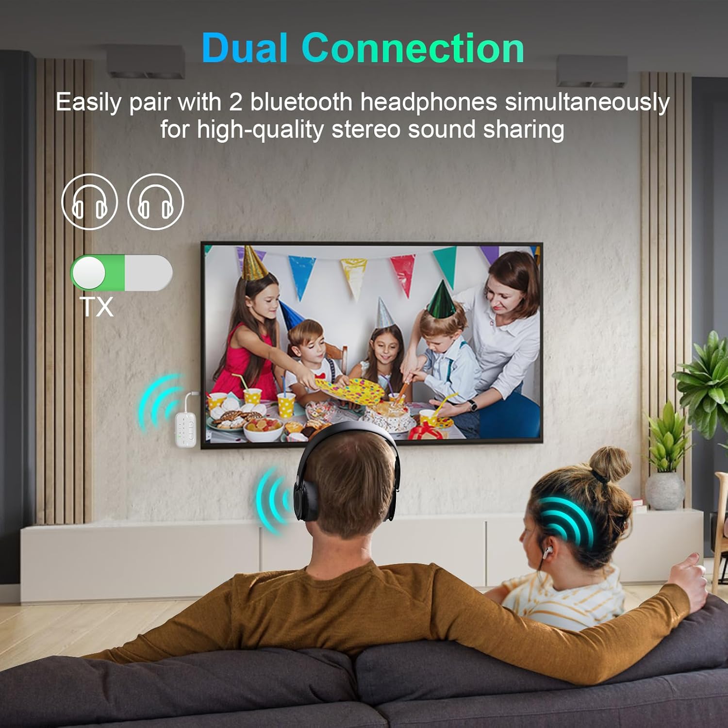 Couple sharing audio from TV using SONRU Bluetooth adapter and two headphones