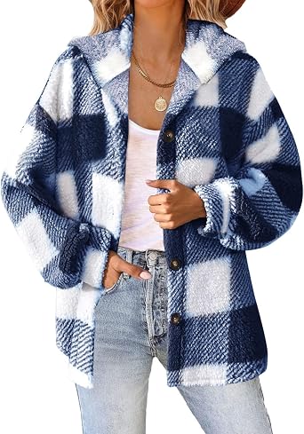 Sherpa Jacket For Women Fuzzy Fleece Winter Coats Plaid Button Down Shacket Casual Warm Teddy Coat Outwear 2025
