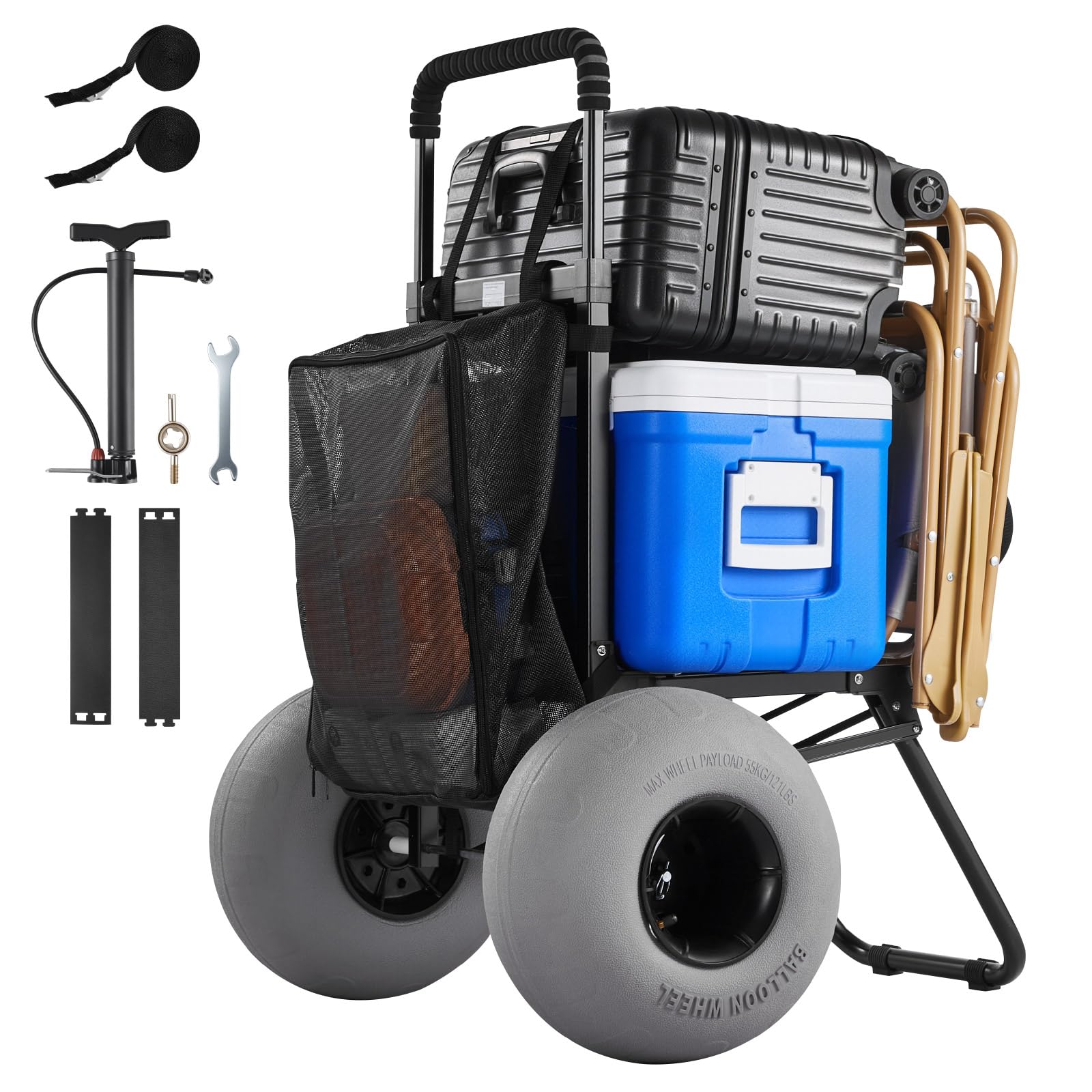 VEVOR Beach Dolly with Big Wheels for Sand, 18" x 15" Cargo Deck, Folding Sand Cart with 12" Balloon Wheels, 165 lbs Loading Capacity & 34" to 45" Adjustable Height, Heavy Duty Cart for Beach Camping