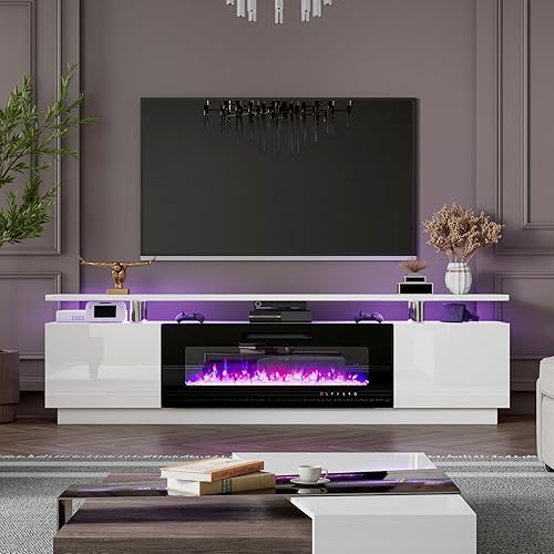 Miniatura 9 de Soporte de TV con chimenea de 80 pulgadas, consola multimedia de acabado moderno con chimenea eléctrica de 40 pulgadas, centro de entretenimiento de