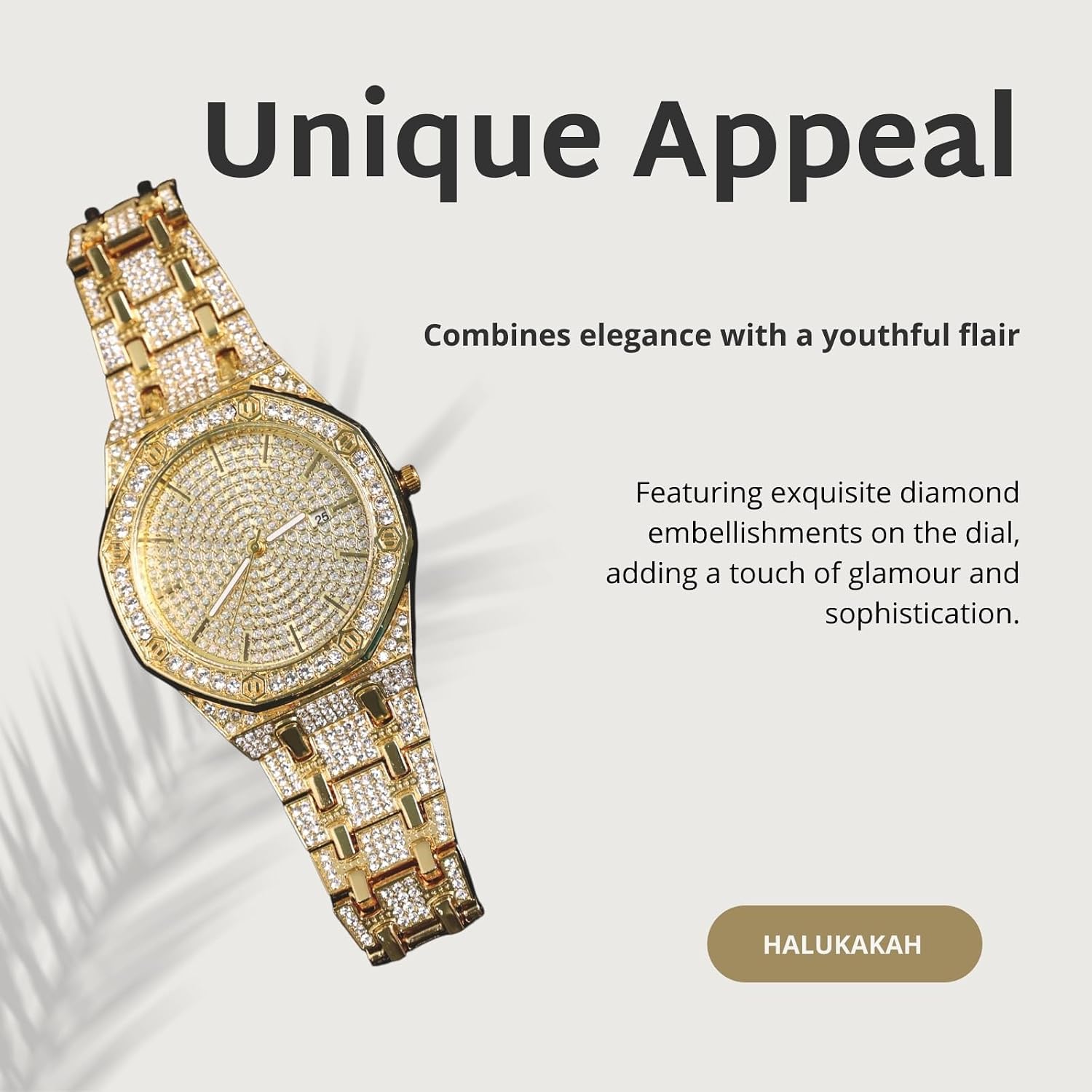 Halukakah Diamonds Watch Iced Out for Boy Teens Kids - 18K Real Gold/Platinum Plated,41mm Octagonal Dial,Japanese Quartz - 7.5" Length - Optional with Cuban Link Chain,with Adjuster Tool -for Birthday