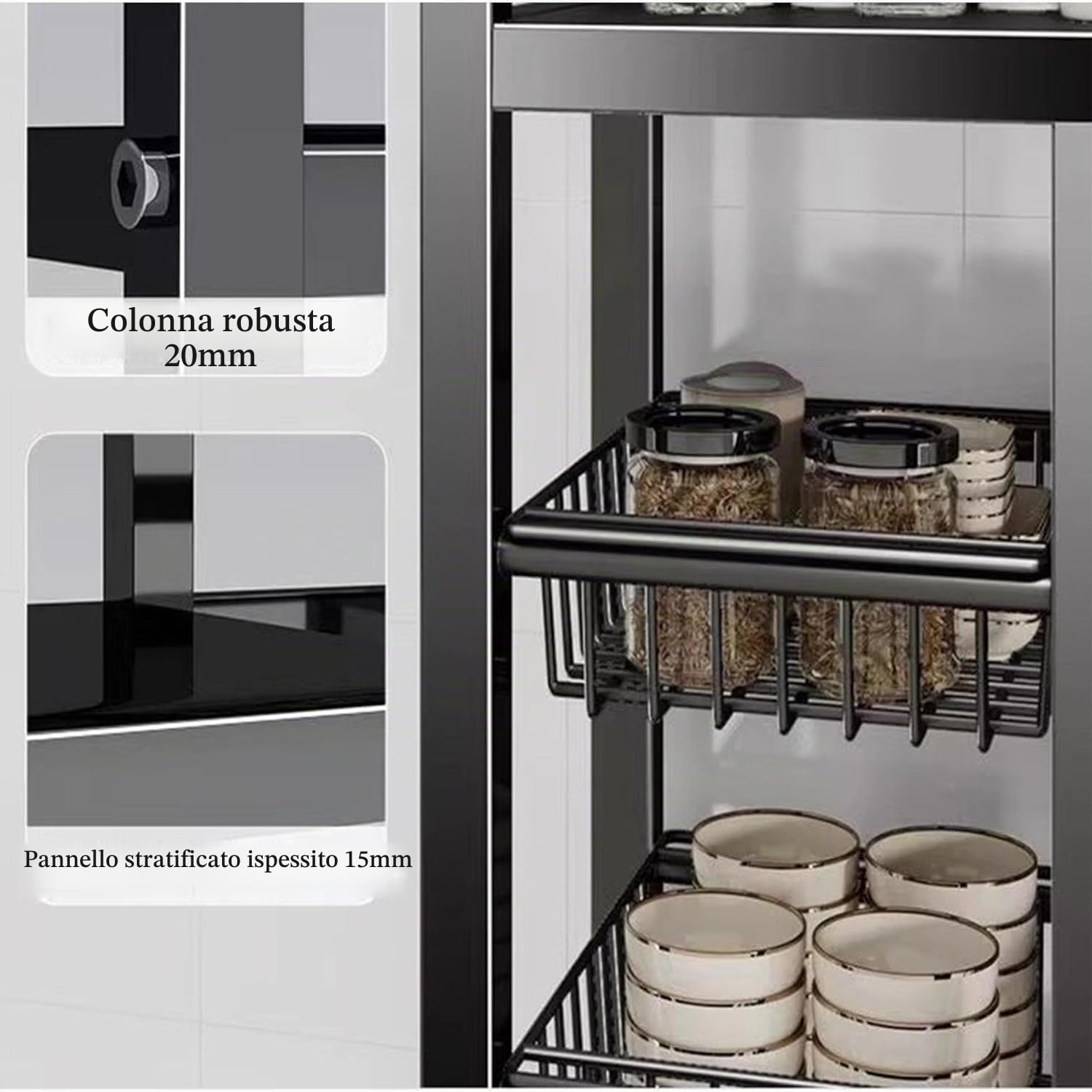 Un rack di stoccaggio in metallo robusto e durevole con 4 strati e 4 cesti a maglia, dotato di rulli e altezza regolabile di 5 centimetri, adatto per garage e cucine (nero, 32x12.6x53in/80x32x135cm)