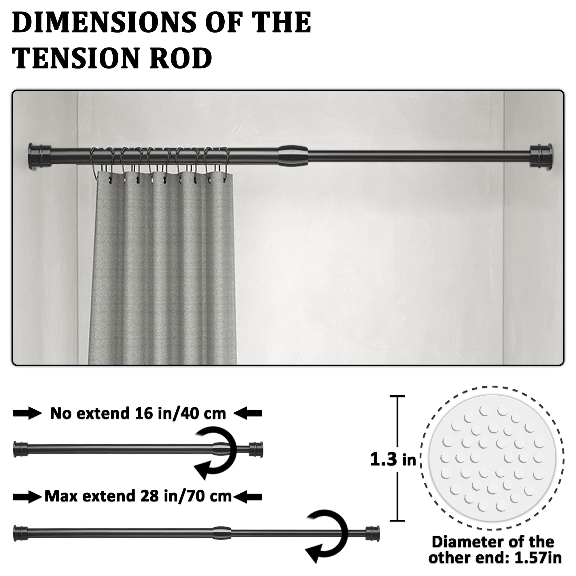 Small Tension Curtain Rods 16 to 28 Inches Adjustable Extension Short Shower Rod Heavy Duty Non-Slip Non Drill Spring Tension Rod for Windows, Closet, Kitchen, Black