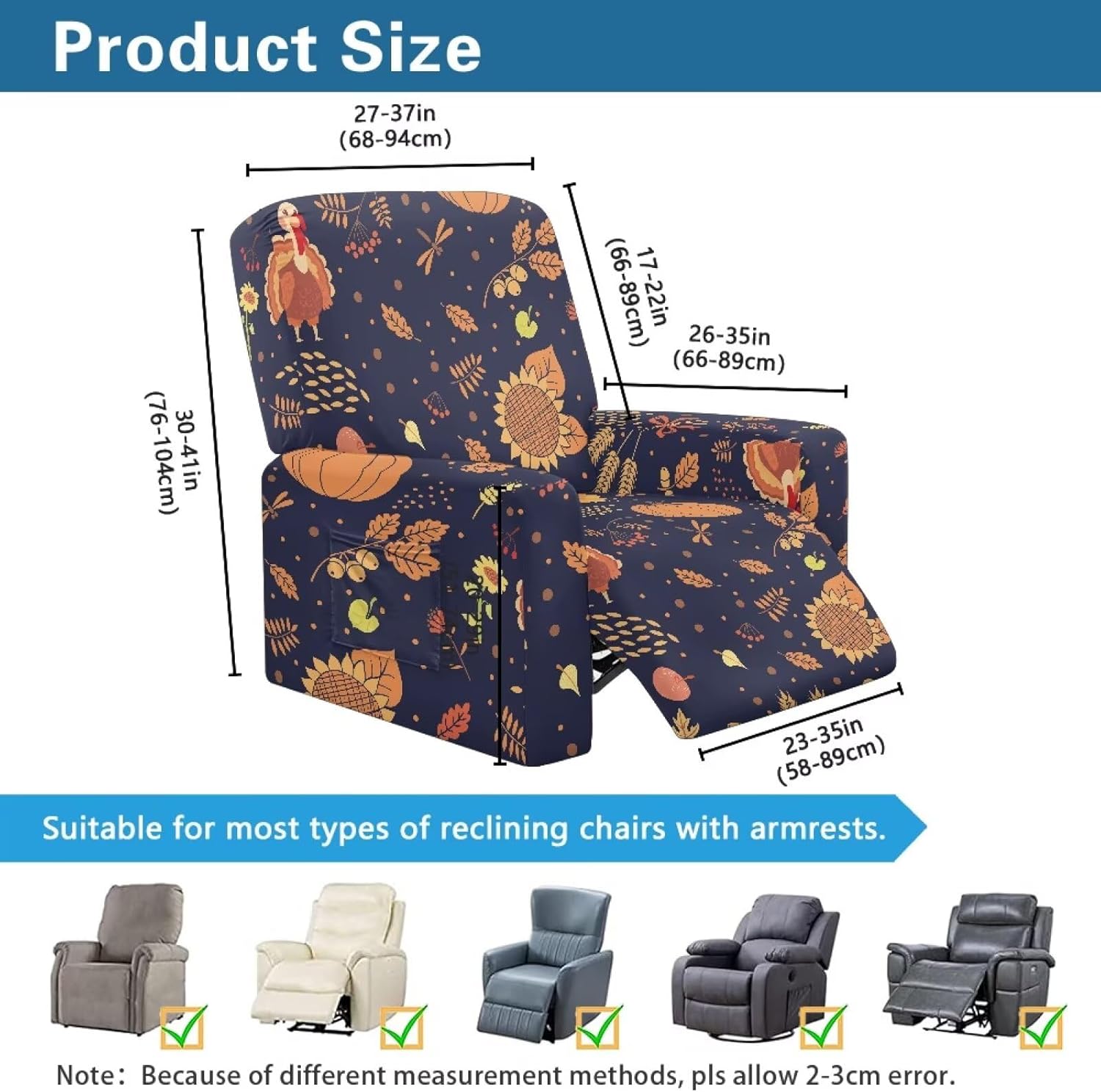 FOR U DESIGNS Turkey Sunflower Washable Reclining Chair Slipcovers 4-Piece Stretchy Cover Fit Small Recliners with Convenient Side Pockets Thanksgiving Home Decor