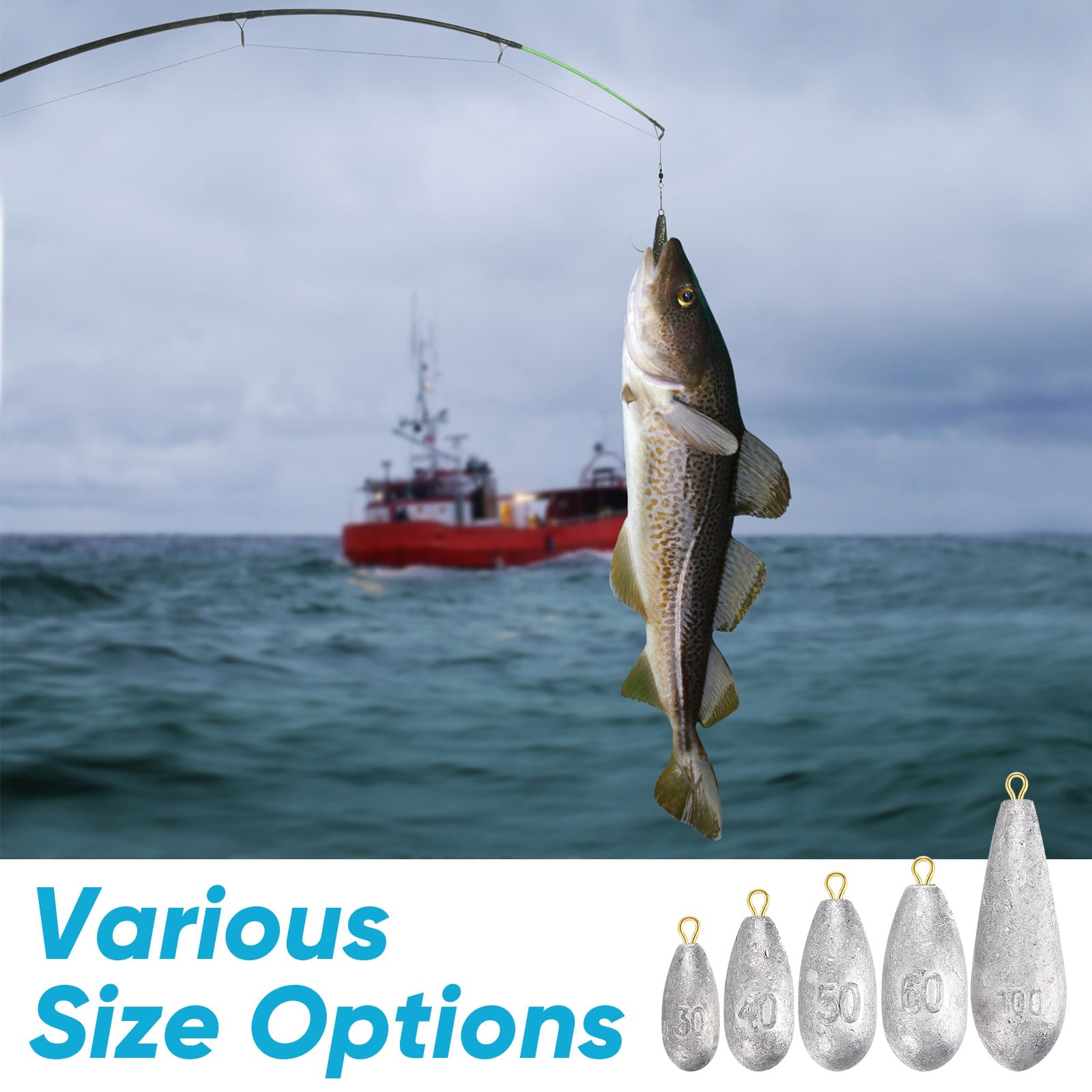 Hiboom Kit de 40 piezas de pesas de pesca, plomos de pesca con forma aerodinámica, plomos de pesca extraíbles, accesorios de pesca de agua salada, 30 g, 40 g, 50 g, 60 g, 100 g