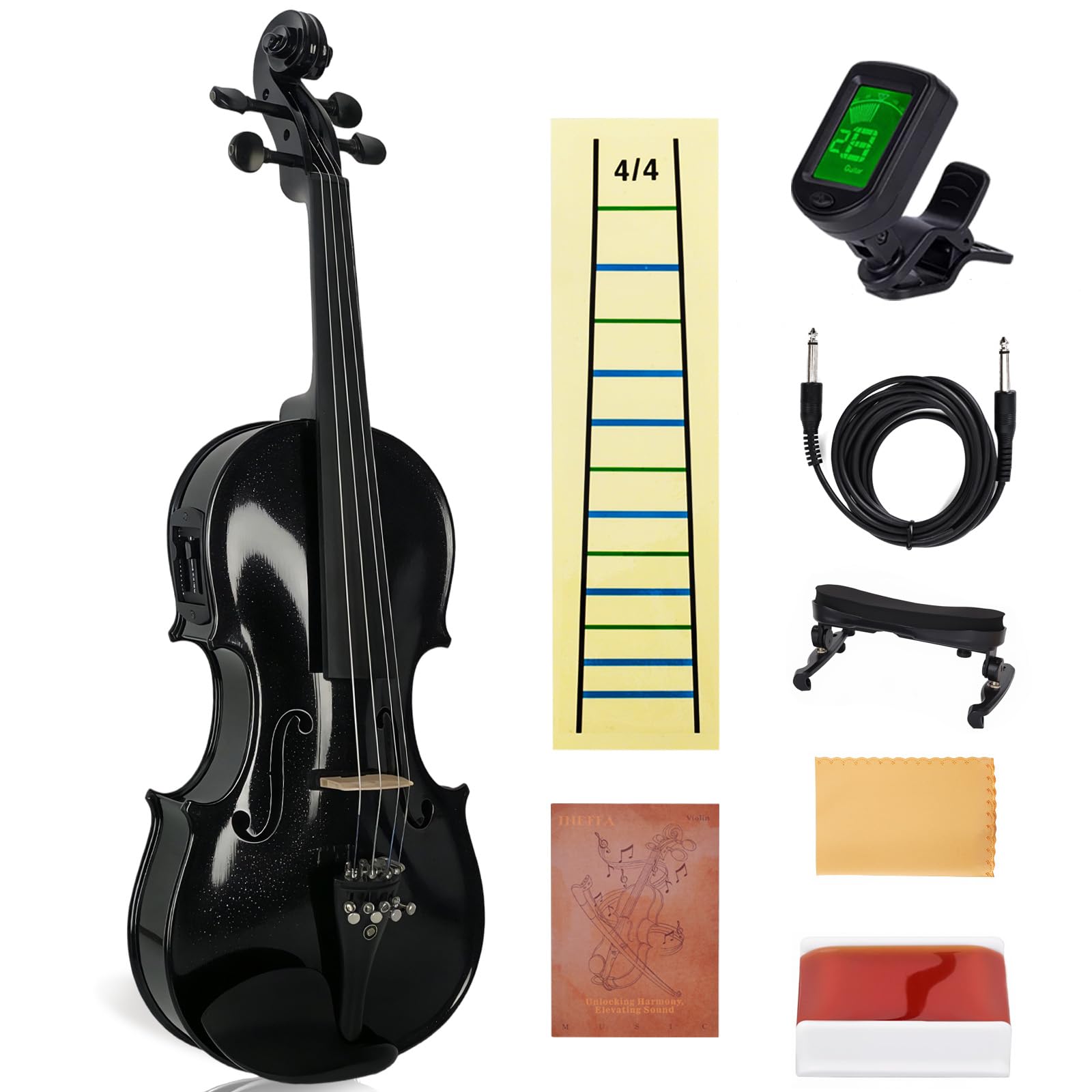 Electric/Acoustic Violin with Ebony Accessories with Carrying Case, Violin Bow, Bridge, Shoulder Rest, Stickers, Tuner, Instruction, Handcraft with Maple, Spruce (Black)