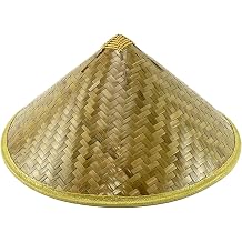 Natural Bamboo Conical Hat with Chin Strap, Traditional Asian Straw Rice Hat for Gardening and Fishing, Sun and Rain Protection Woven Farmer Hat, Fits Head 21.65-23.62 Inches