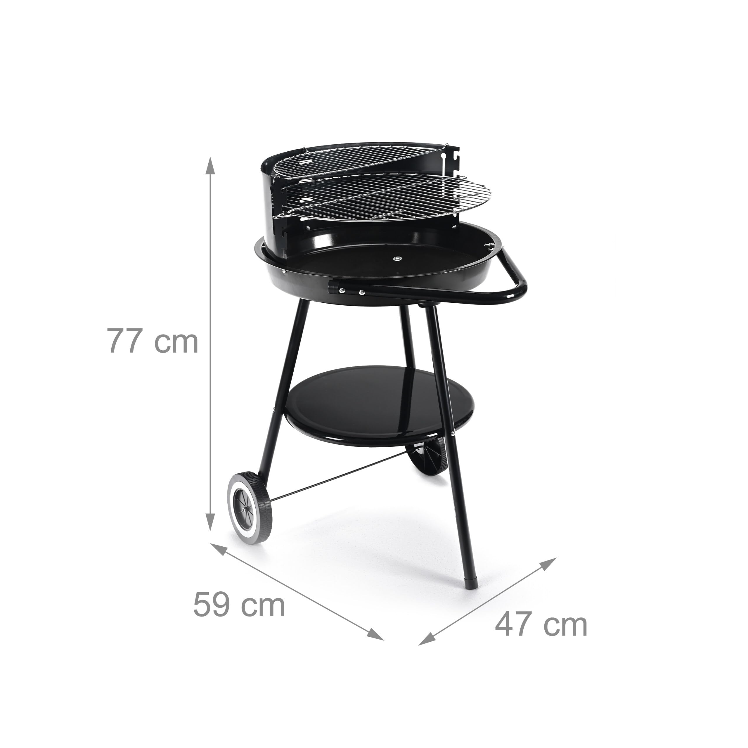 Relaxdays Barbacoa de carbón con Ruedas, Ø 47 cm, jardín, Negra | Paravientos, estante, rejilla calentadora, redonda