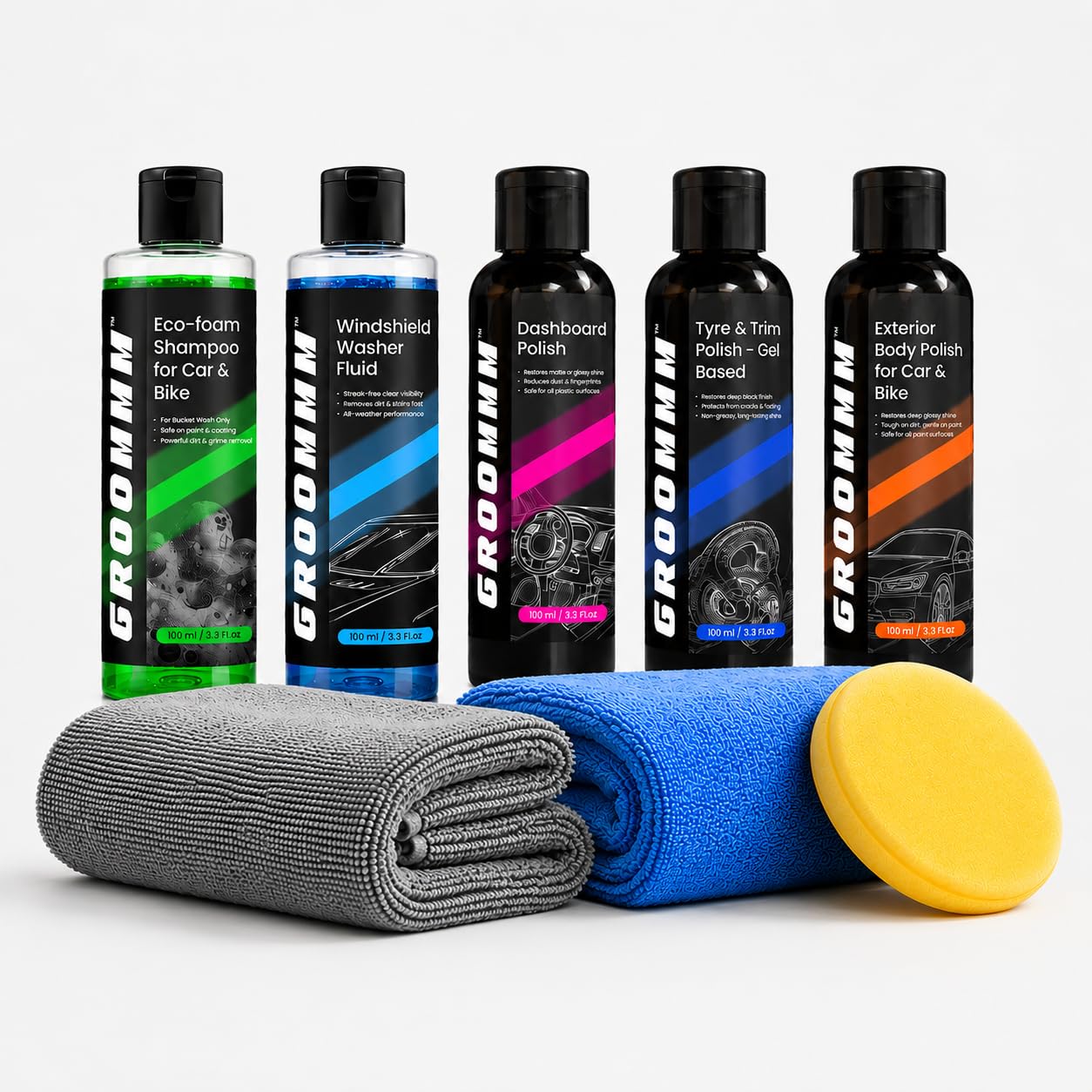 Car Care Kit (100ml x5) Car Shampoo, Windshield Washer, Tyre & Trim Gel, Car & Bike Polish, Dashboard Polish |Car Polish Sponge & Microfiber Cloth (300/600GSM) | Interior & Exterior Car Cleaning Kit-picture-32
