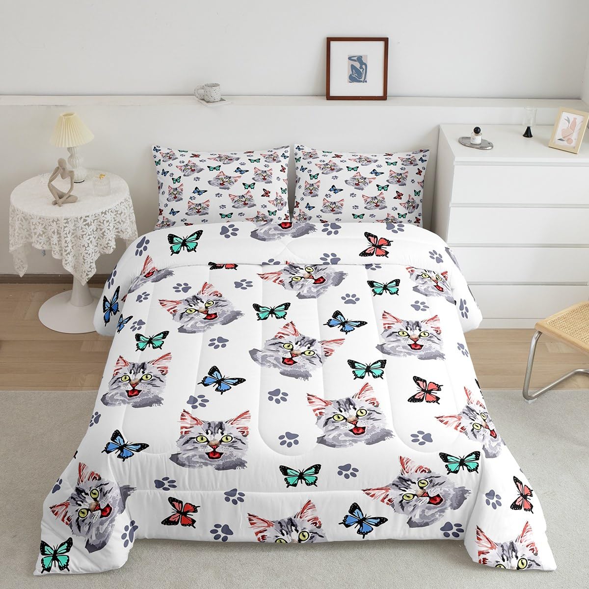 Feelyou Kids Cute Cat Comforter Set Colorful Butterfly Cute Kitten Bedding Set for Boys Girls Cartoon Pet Cats Comforter Kawaii Animal Quilt Room Decor Duvet Set King Size Boys