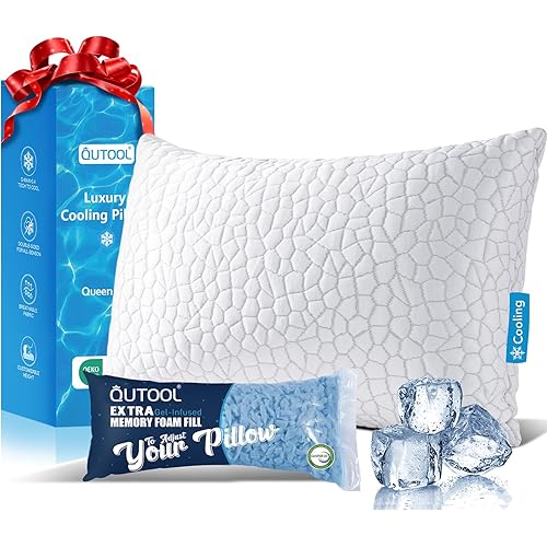 QUTOOL Cooling Pillow for Sleeping, CertiPUR-US Shredded Memory Foam Queen Pillow Set of 1, Cool Pillow for Hot Sleepers Adjustable Firm Pillow for Side, Back, Stomach Sleepers Soft Yet Support, White