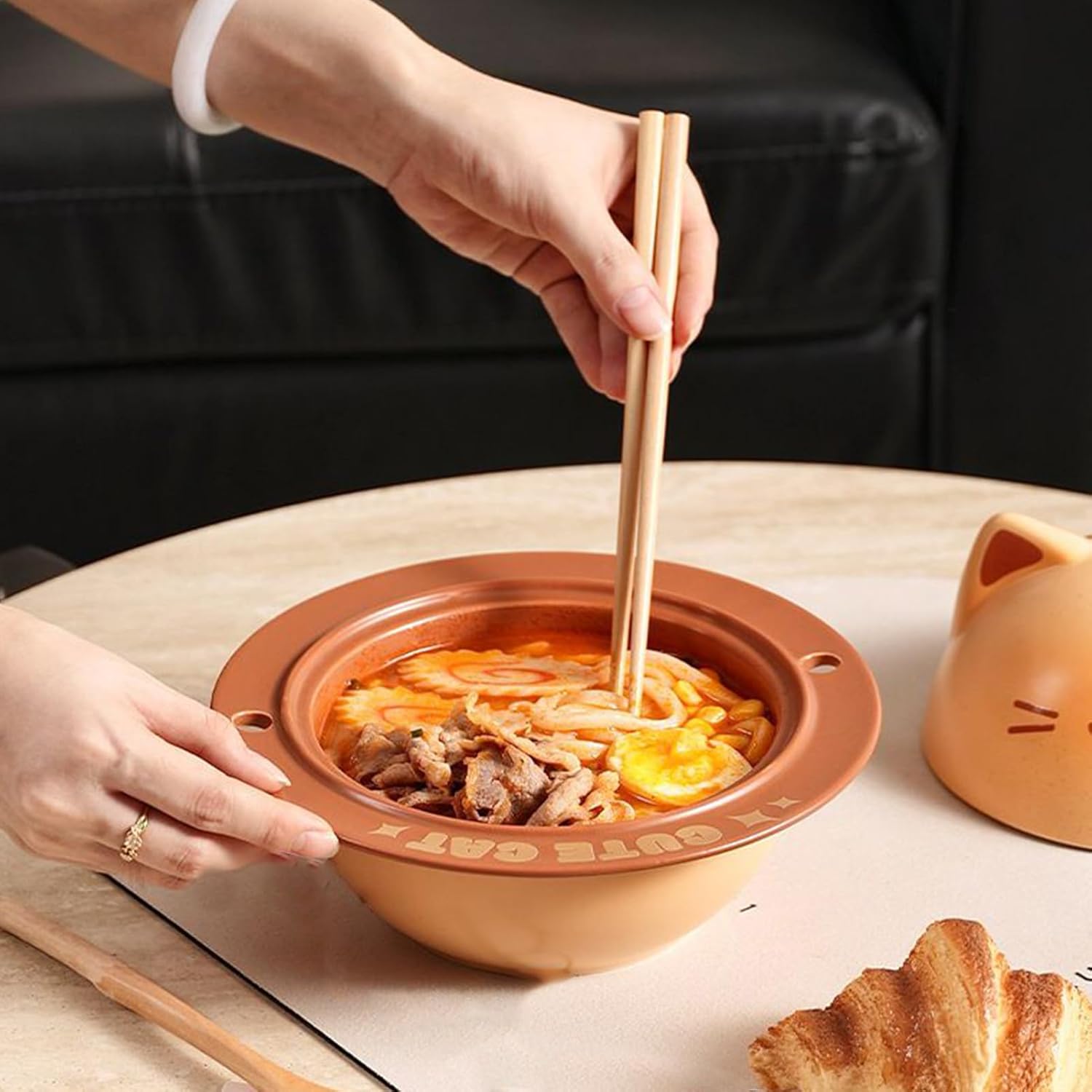 ラーメン丼 | 猫デザインのセラミック製ラーメンボウル - スプーンと箸付き サラダ オートミール ランチ 朝食用 食器