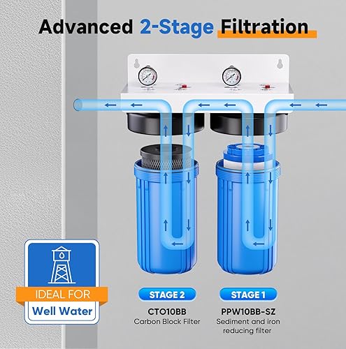 Miniatura 2 de PUREPLUS Sistema de filtración de agua de 2 etapas para toda la casa, filtración universal para el hogar de 10 pulgadas, con reducción de sedimentos
