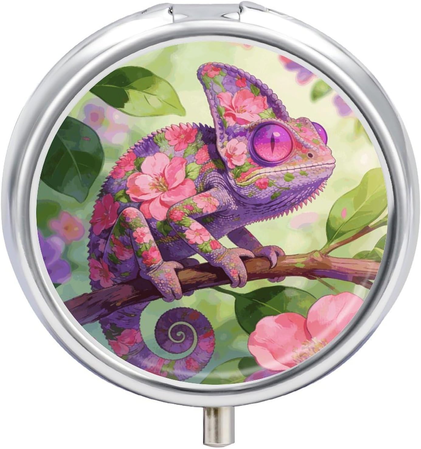Chameleon Round Pill Box with 3 Compartments & Mirror