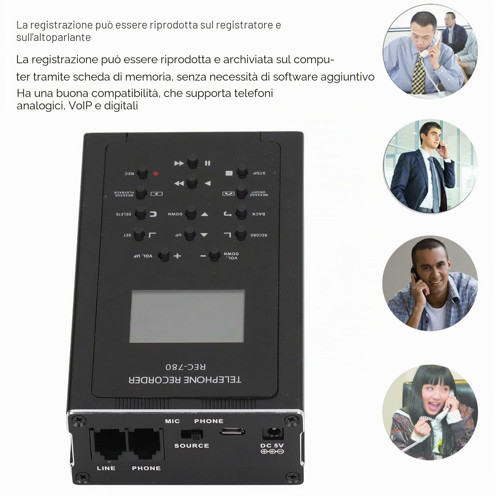 Yunseity Registratore Telefonico, con Memoria Integrata da 32 GB, Mini Dispositivo di Registrazione Telefonica Automatica, per Linee Analogiche/IP/digitali