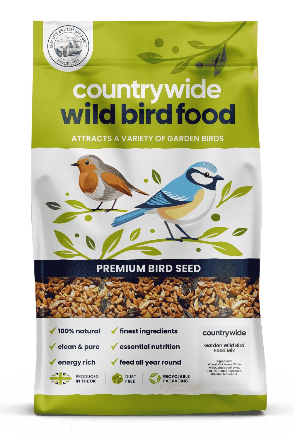 Countrywide Garden Wild Bird Seed 20kg - All Year-Round Bird Seeds for Small Garden Birds - Nutritious Food For Wild Birds with High Energy Sunflowers
