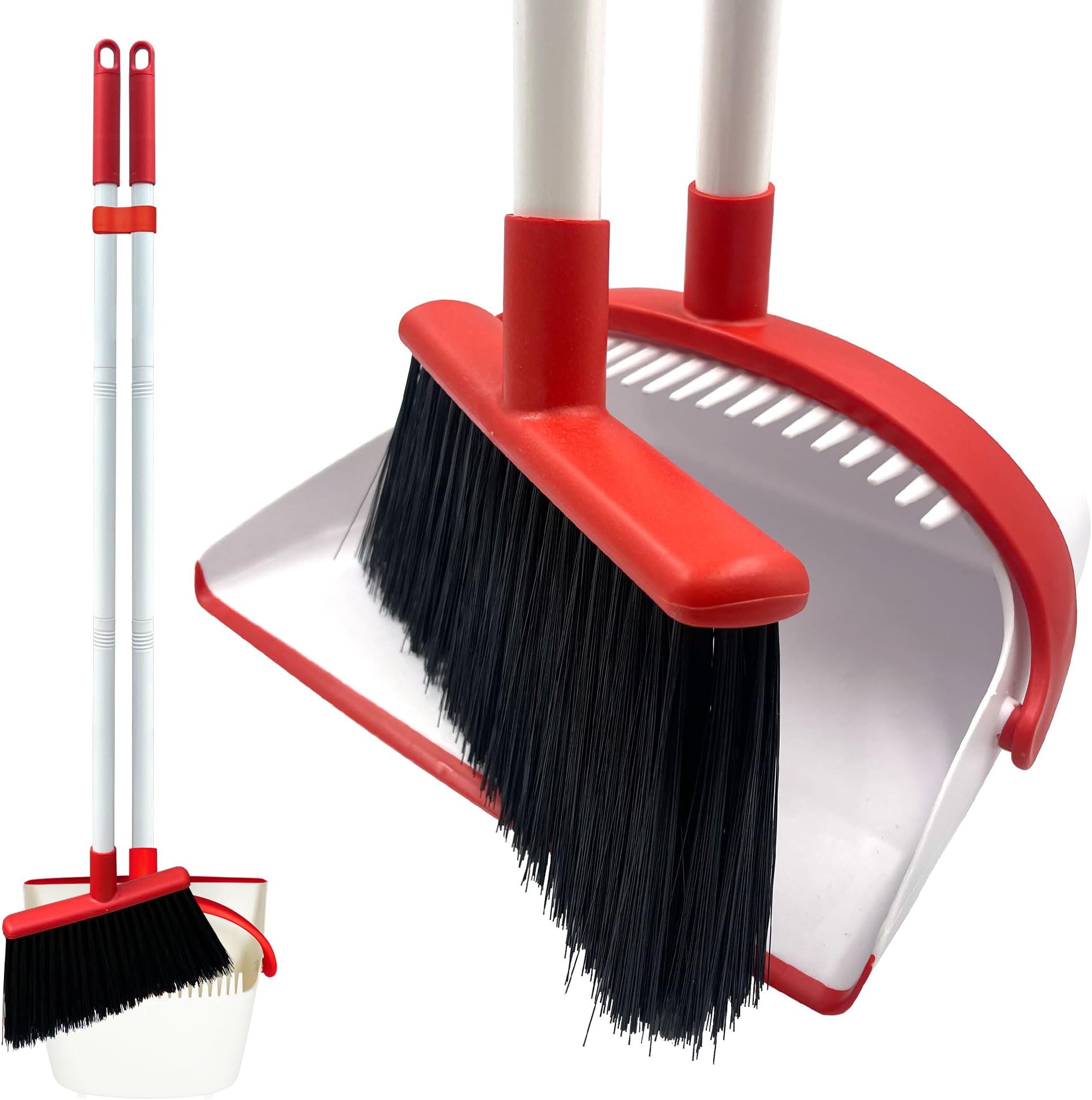 Long Handled Dustpan and Brush Set – Broom and Dustpan Set Reduce Bending Tall Lobby Dustpan and Sweeping Brush (White & Red)