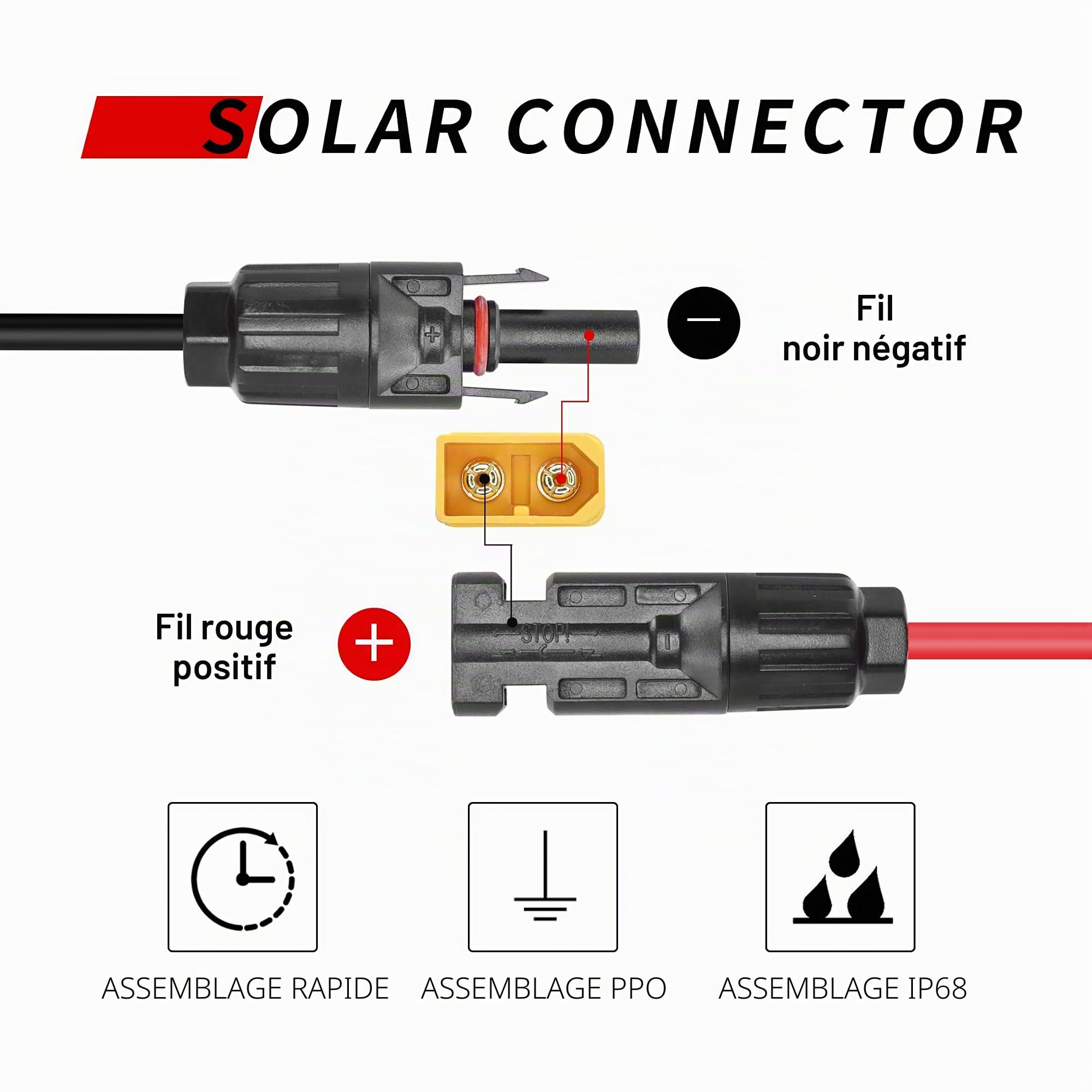 YACSEJAO Connecteur solaire vers XT90 Câble d'extension mâle vers XT90 Câble Chharge solaire pour port d'entrée XT90 Station d'alimentation portable et générateur solaire, 1,8 m