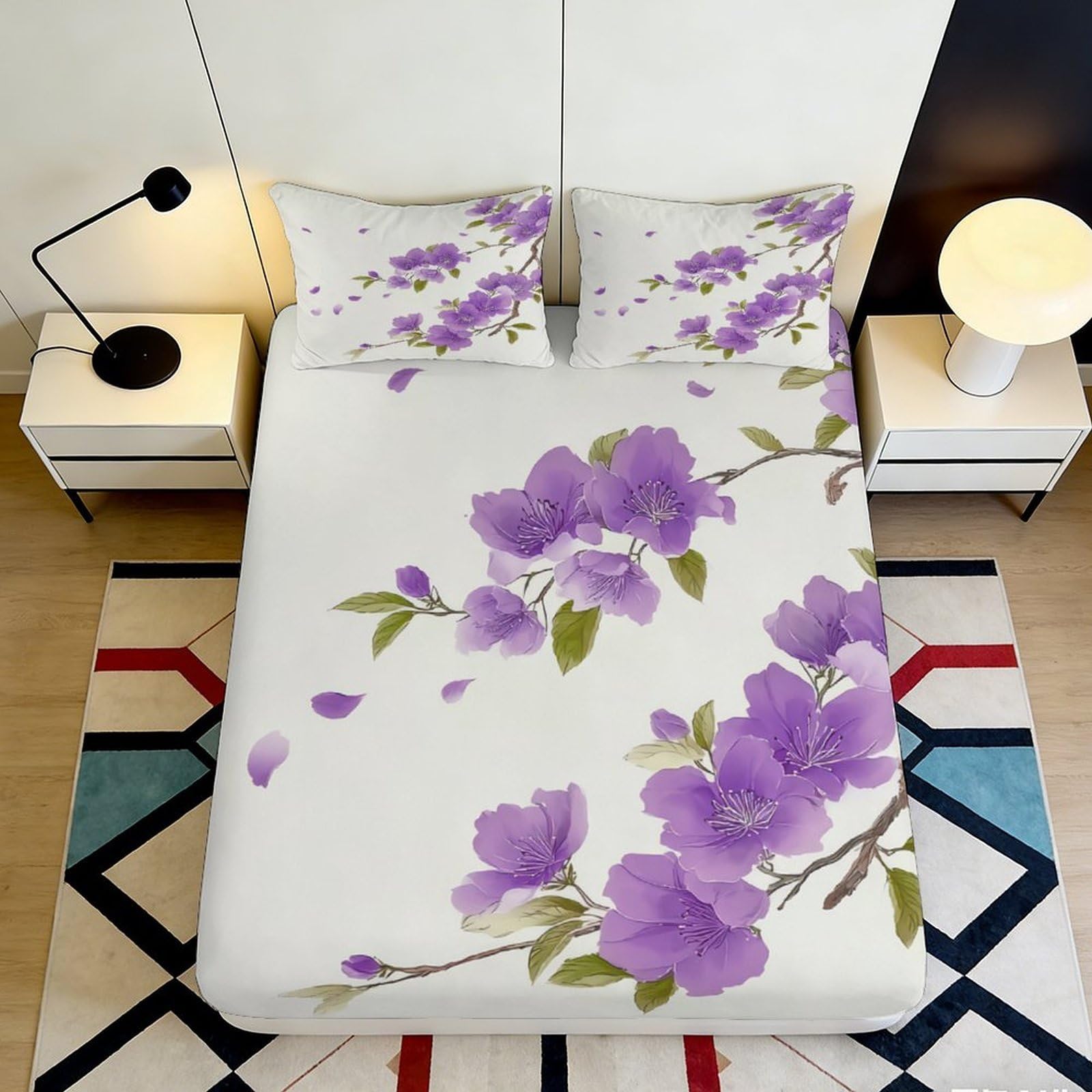 Jqzkxnhpbr Style-10 3D Printed Purple Floral Fitted Sheet Microfiber Elegant Blossom Bed Sheet Non Slip Bedroom Decor Machine Washable 90X200x25cm