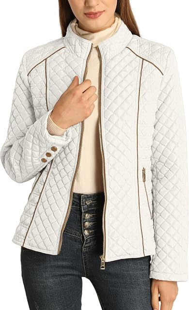 Bellivera Women's Fleece-Lined Diamond Quilted Puffer Jacket | Winter Coat Stand Collar Casual Padded Outerwear with Soft Thermal Lining, Zipper Front, and Classic Stitched Surface
