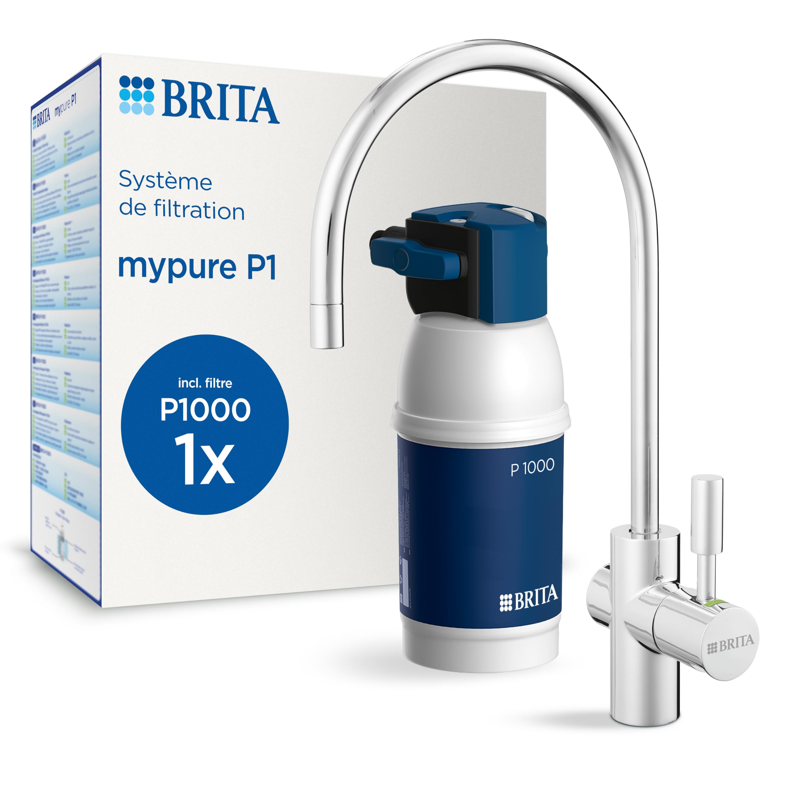 Brita Système MyPure P1 + 1 cartouche P1000 filtre le calcaire, le chlore, le plomb et autres impuretés pour une eau du robinet plus pure, sans BPA