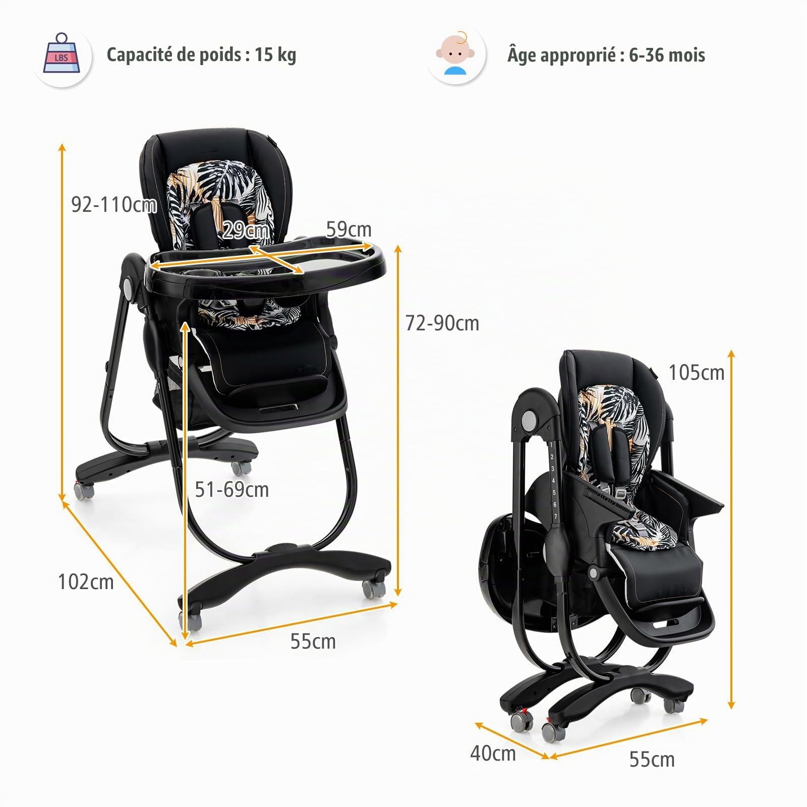 LIFEZEAL Chaise Haute Bébé Pliable avec Hauteur Réglable à 7 Positions, Dossier Inclinable, Chaise Haute Bebe Evolutive avec Coussin Confort, Double Plateau, Cardans, 6-36 mois,Charge 15 kg (Noir)