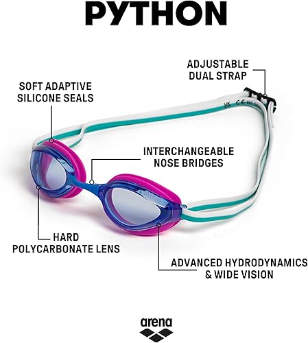 Miniatura 3 de ARENA Gafas de natación unisex Python Racing para hombres y mujeres, antivaho sin fugas, máxima comodidad, doble correa, espejolente sin espejo