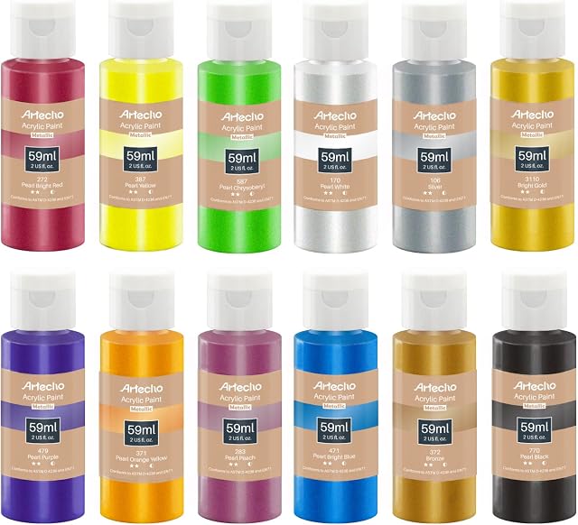Artecho Acrylic Paint Metallic Acrylic Paint Set for Art, 12 Colors 2 Ounce/59ml Metallic Acrylic Paint Supplies for Wood, Fabric, Crafts, Canvas, Leather&Stone