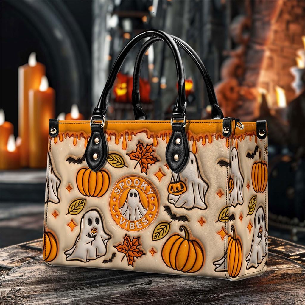 Spooky Vibe Print 3D Inflated Leather Handbag, Leather Wallet, Halloween Gift, Halloween Tote Bag for Women Holiday Gifts for Daughter Ladies Friend Coworker