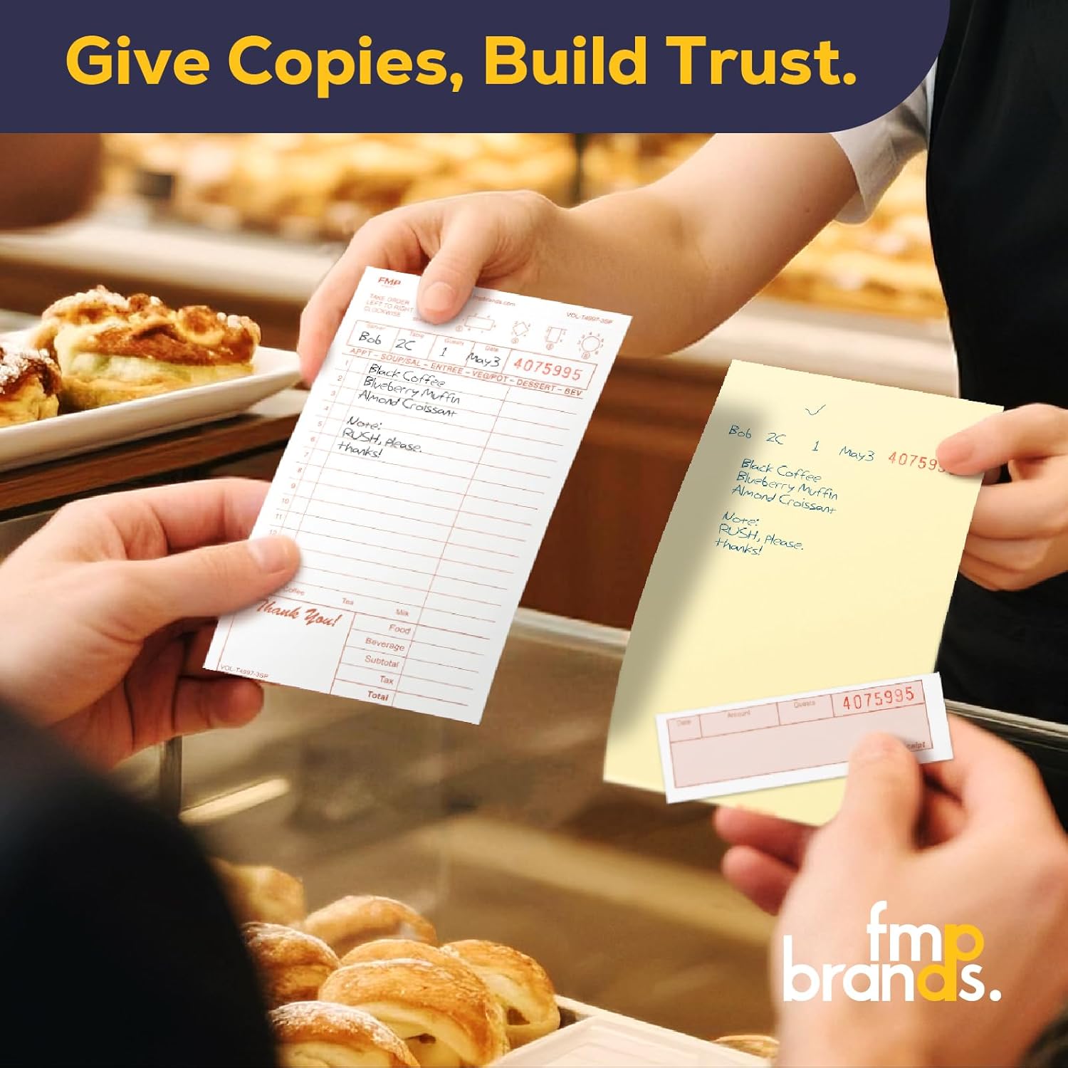 FMP Brands 3 Part Carbonless Guest Checks Pads, Perforated Server Note Pads Paper Total 2000 Sheets for Waitress Book, Waiter Food Receipt, and Business Checkbook with Guest Receipt