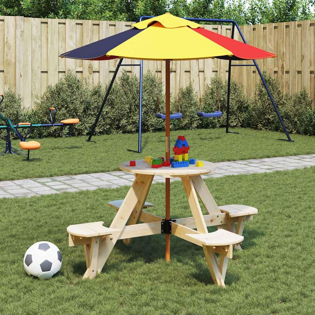 Stół piknikowy z litego drewna jodłowego dla 4 dzieci z okrągłym otworem na parasol, stół ogrodowy i stół balkonowy na taras, stabilny stół outdoorowy, idealny do zabawy i jedzenia