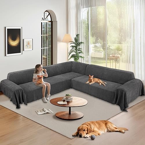 Miniatura 9 de Funda impermeable 10% para sofá modular esquinero en forma de L, de chenilla, con borlas, suave, gruesa, lavable, protector de muebles para perros y