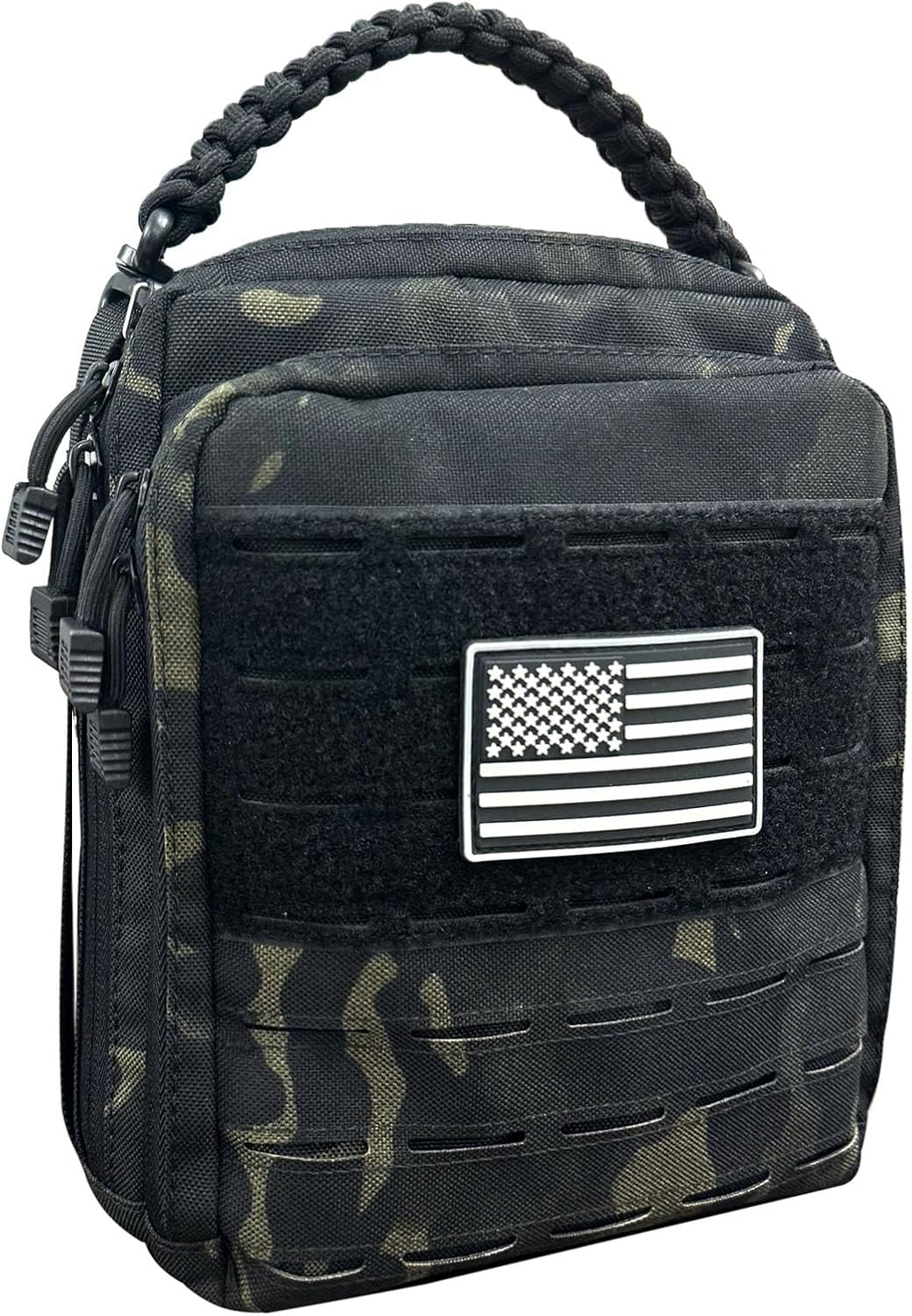Tactical EDC Pouch, Dual Layer MOLLE Utility Pouch for Versatile Storage, Military-Style Medical EMT Organizer Bag with American Flag Patch, Black-C
