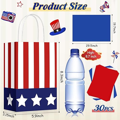Miniatura 2 de Tisancy 30 bolsas de regalo patrióticas con asa con 30 piezas de papel de seda rojo, blanco y azul, bolsas de regalo del 4 de julio, bandera