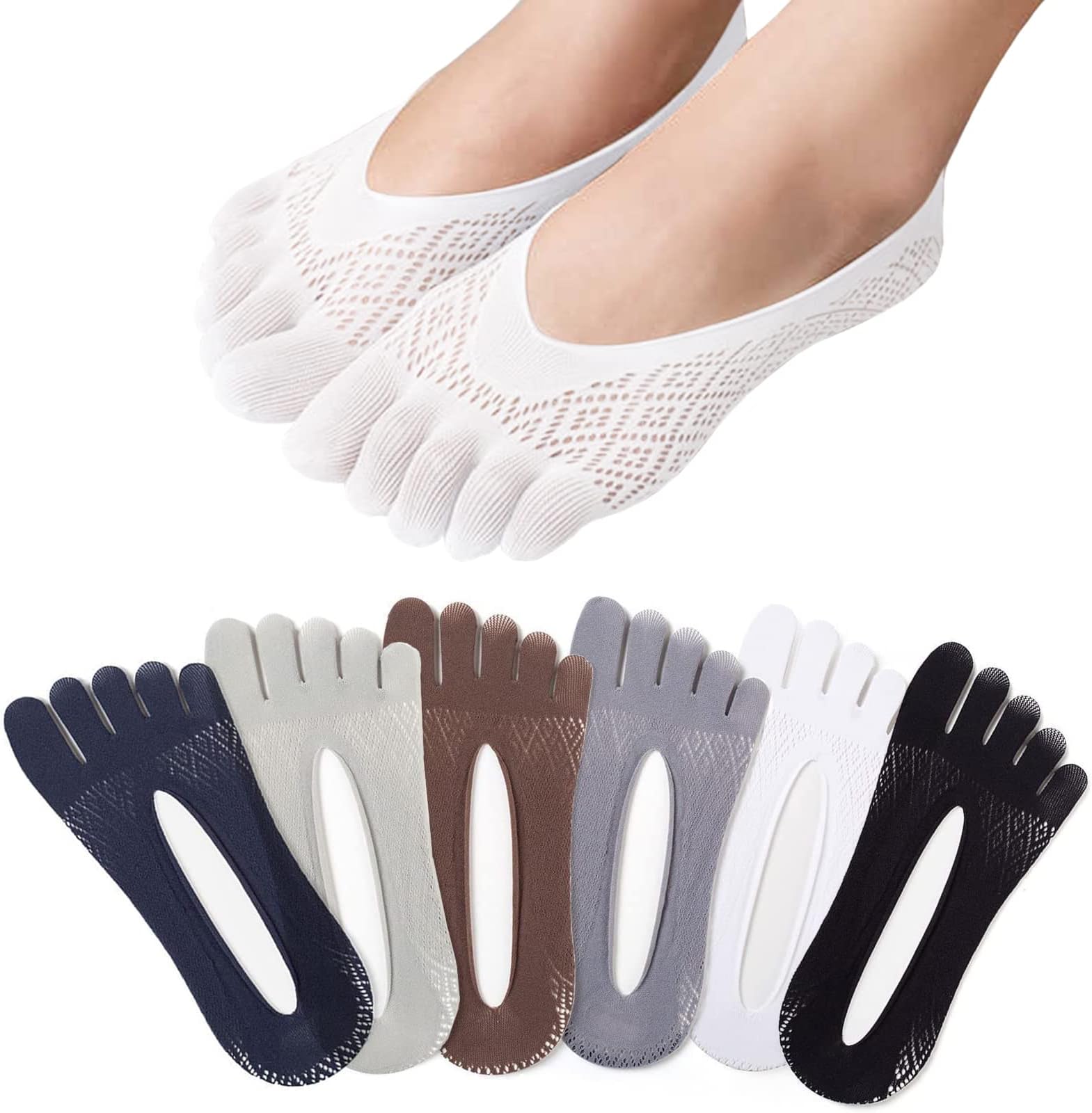 6 Pairs Yoga Socks, Silk no Show Full Toe Socks with Non-slip Silicone Pad for adult