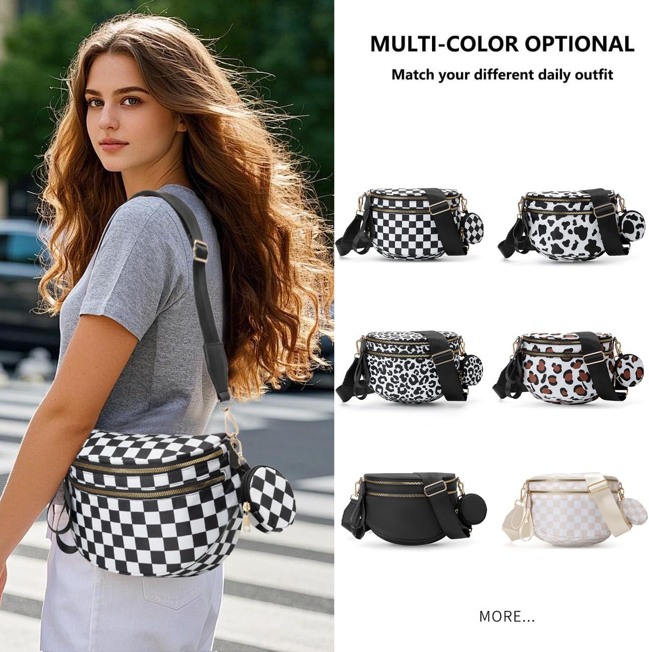 Checkered Crossbody Bag for Women，Spacious Nylon Bum Bag Checkered Handbags Wallets Oversized Slouchy Bag - Image 6