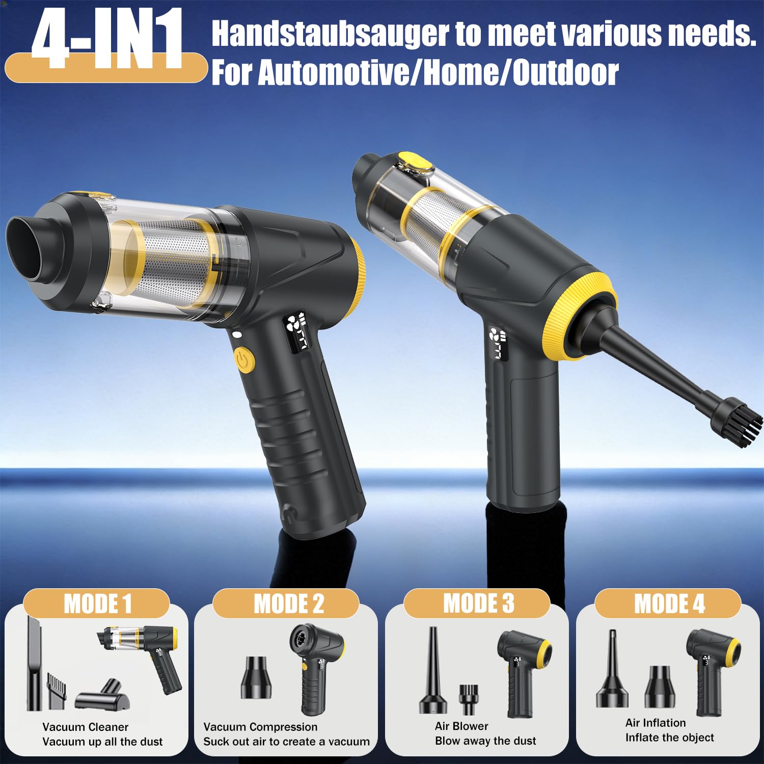 HKC 4 en 1 Soplador y Aspirador 110000RPM, 18000Pa Soplador de Polvo Eléctrico con Motor Sin Escobillas, Aspirador de Mano con Luz LED, Air Duster para PC,Teclado, Exterior, Hogar y Auto