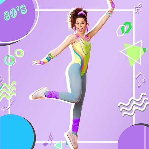 Miniatura 5 de Accesorios de disfraces de los años 80 y 90 para mujer, diadema de neón de los años 80, aretes, calentadores de piernas, conjunto de traje de fiesta