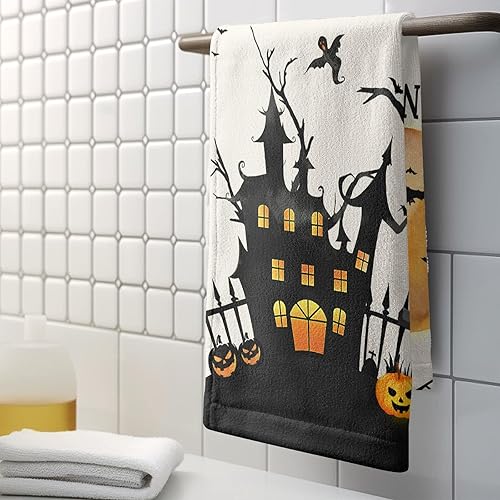 Miniatura 5 de Juego de 2 toallas de mano de castillo espeluznante de Halloween, calabazas abucheadas, fantasma, paños de cocina de murciélago, telaraña, tela de
