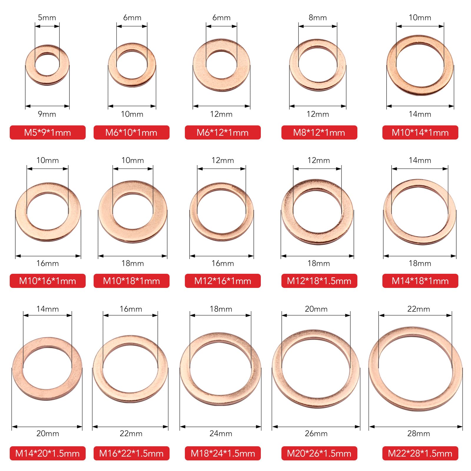 Copper Washers Assortment Kit - 150 Pcs -3 Copper Washers Assortment Kit - 150 Pcs -3