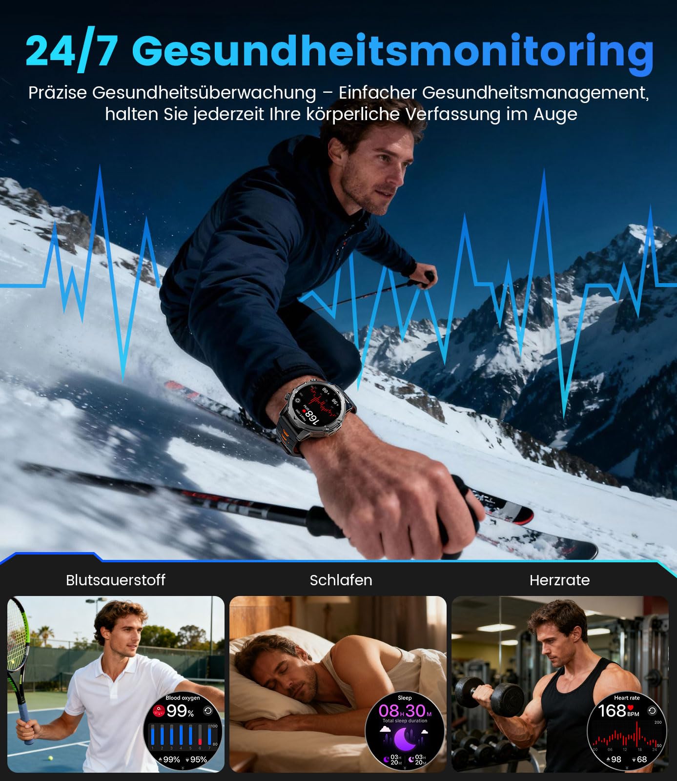 FITFLEX Smartwatch Herren, 1000mAh 1,53" HD LED-Lampe IP68 120+ Sportmodi | 24/7 Heart Rate/SpO2/Sleep Monitor, Bluetooth Calling, für Android/iOS, 3 Interchangeable Bands