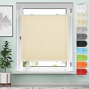 Sanfree Plissee Klemmfix Plisseerollo ohne Bohren Creme B60 x H200cm inkl. Klemmträger Blickdicht und lichtdurchlässig Jalousie Faltrollo Sichtschutz und Sonnenschutz Rollo für Fenster & Tür