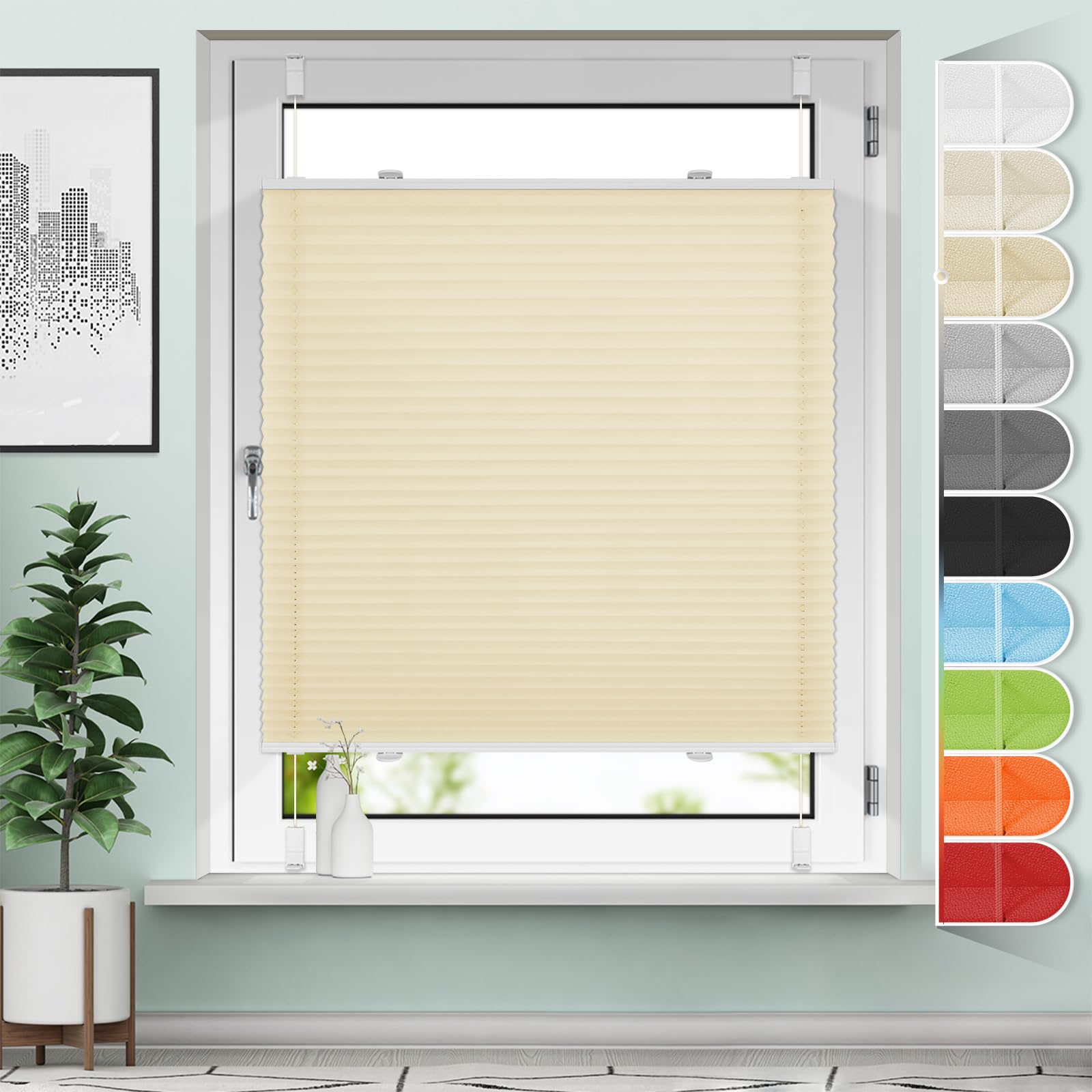 Sanfree Plissee Klemmfix Plisseerollo ohne Bohren Creme B75 x H200cm inkl. Klemmträger Blickdicht und lichtdurchlässig Jalousie Faltrollo Sichtschutz und Sonnenschutz Rollo für Fenster & Tür