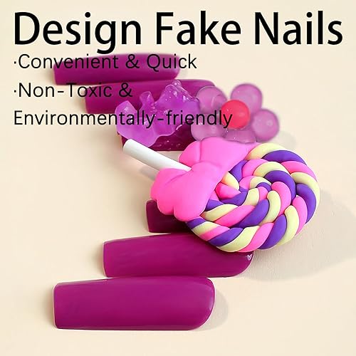 Miniatura 2 de Uñas postizas a presión Kawaii moradas, uñas postizas largas cuadradas, lindas uñas postizas a presión con flores de caramelo, diseño de oso, uñas