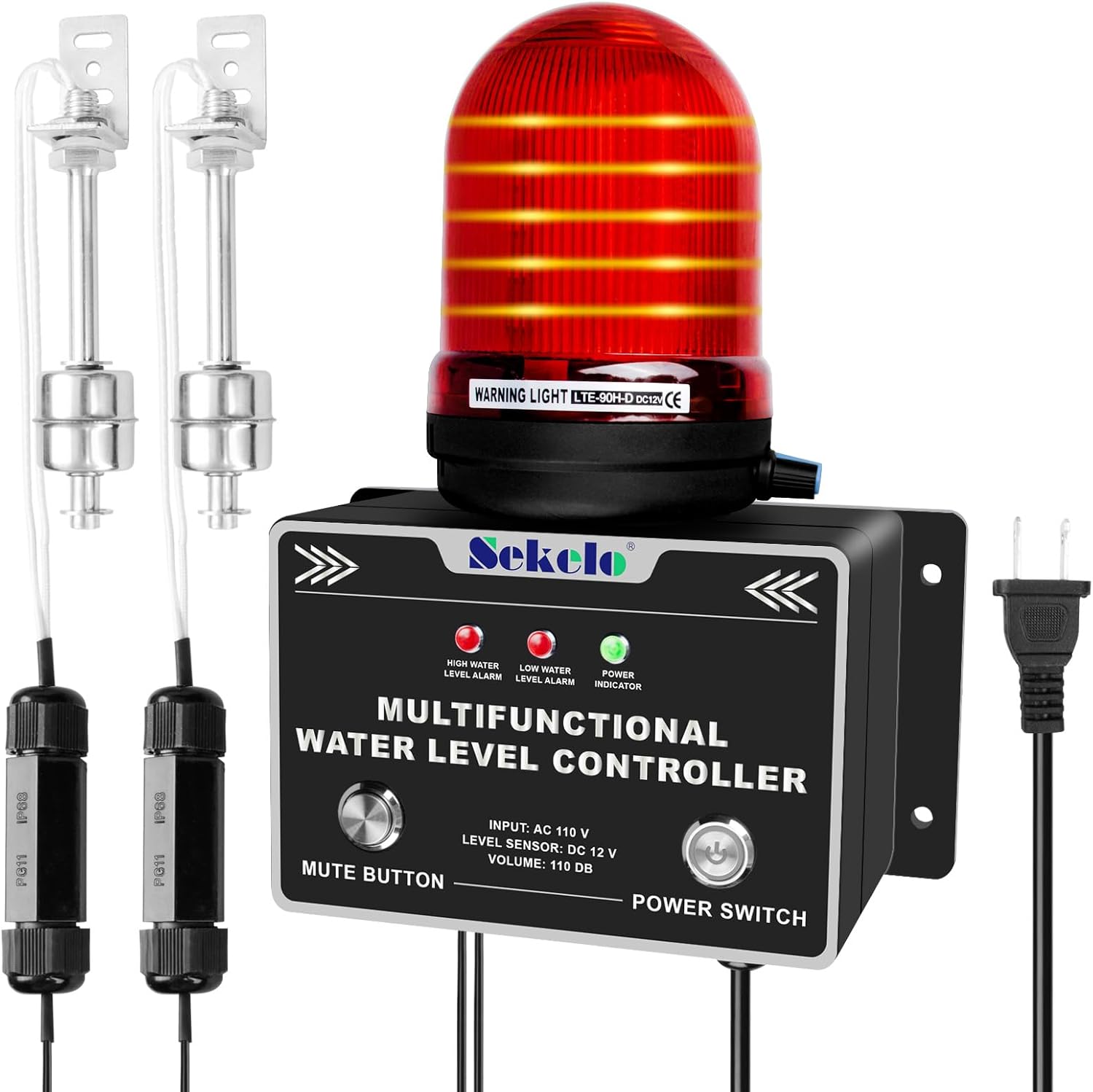 110V Sump Pump Alarm – High/Low Water Level Alarm with 30-110dB Loud Siren and LED Indicator Light, 16ft Probe Cable, Ideal for Sewage Pumps and Basements