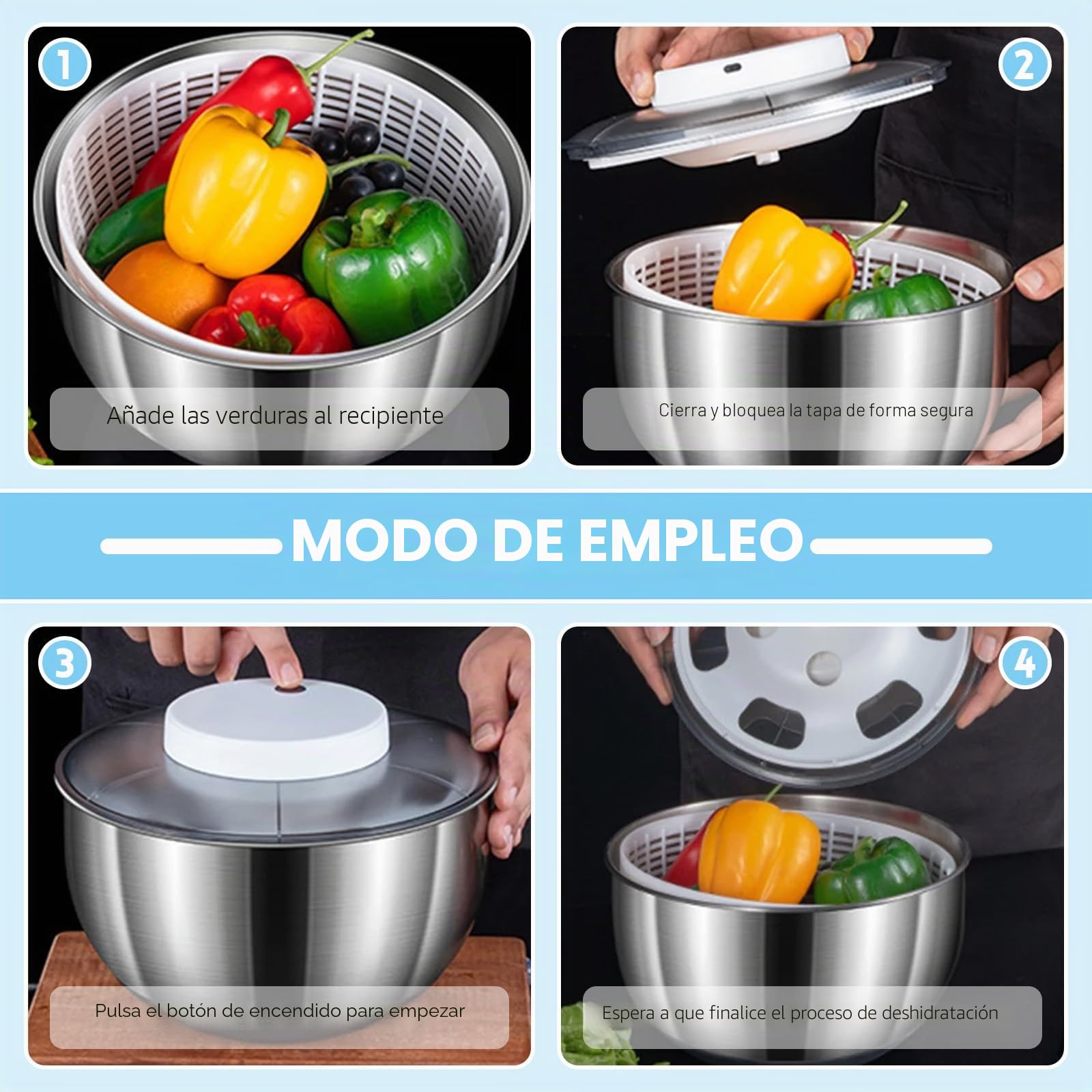 Centrifugador de ensalada, 4,5 L, acero inoxidable, centrifugado automático | base antideslizante y recargable por USB, secadora de frutas y verduras con tapa, para ensaladas, verduras, hierbas y bayas
