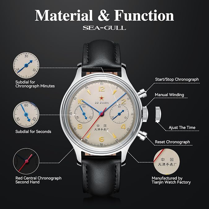 SEA-GULL Men's Mechanical Wristwatch, Seagull 1963 Aviation Chronograph Pilot Mechanical Watch, Manual Winding, GD 1963 International Edition, ST1901