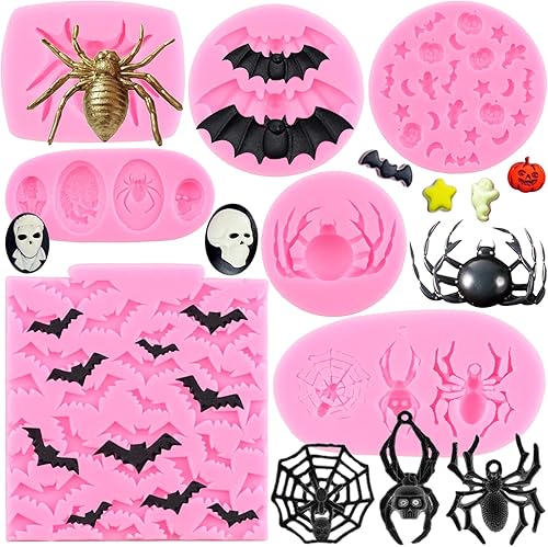 Miniatura 10 de Mujiang Molde de silicona para Halloween, molde de calabaza para fondant, molde de cabeza de esqueleto, fantasma, araña, murciélago, bruja para