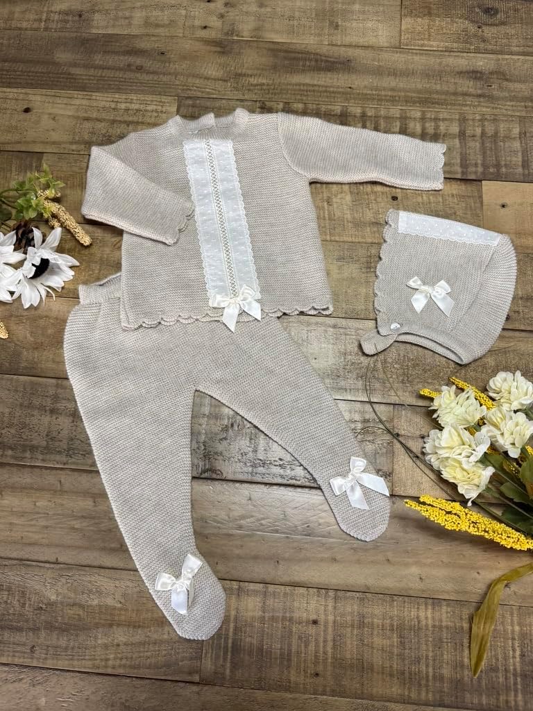 Baby Knit Sweater Pants Hat 3-Piece Set Boys Girls Newborn Coming Home - Made in Spain