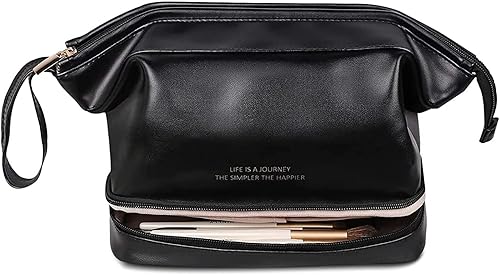 Bolsa de maquillaje grande, bolsa de cosméticos de doble capa, bolsa de maquillaje de viaje, bolsa de maquillaje de cuero, bolsas de viaje para